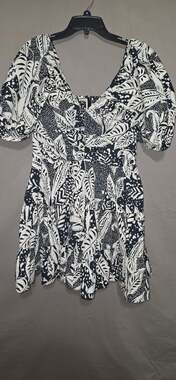 Gilner Farrar Black and White Tropical Palm Print Cotton Mini Dress